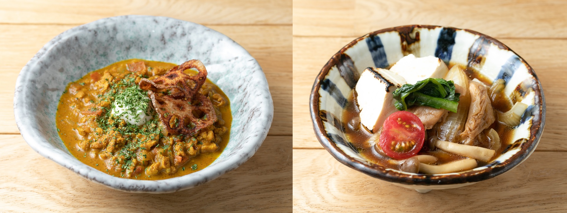 左がトマトカレー、右が大豆と野菜のスキヤキ風（写真はアスリート食堂提供）